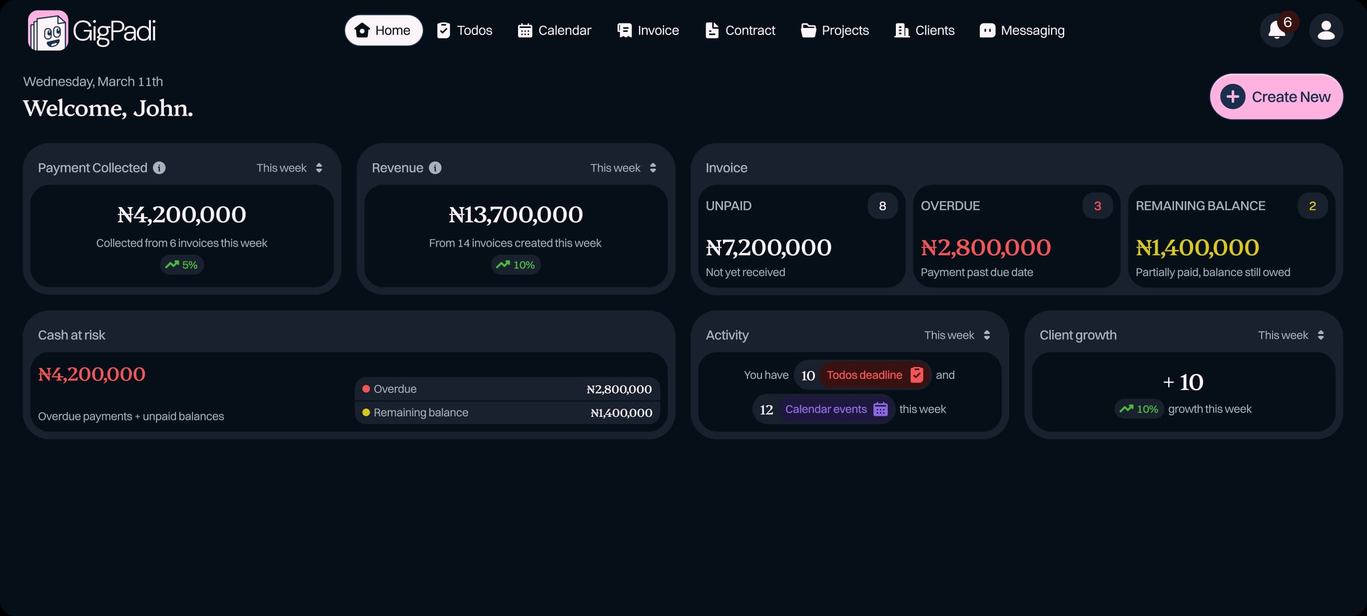 GigPadi dashboard preview in dark mode