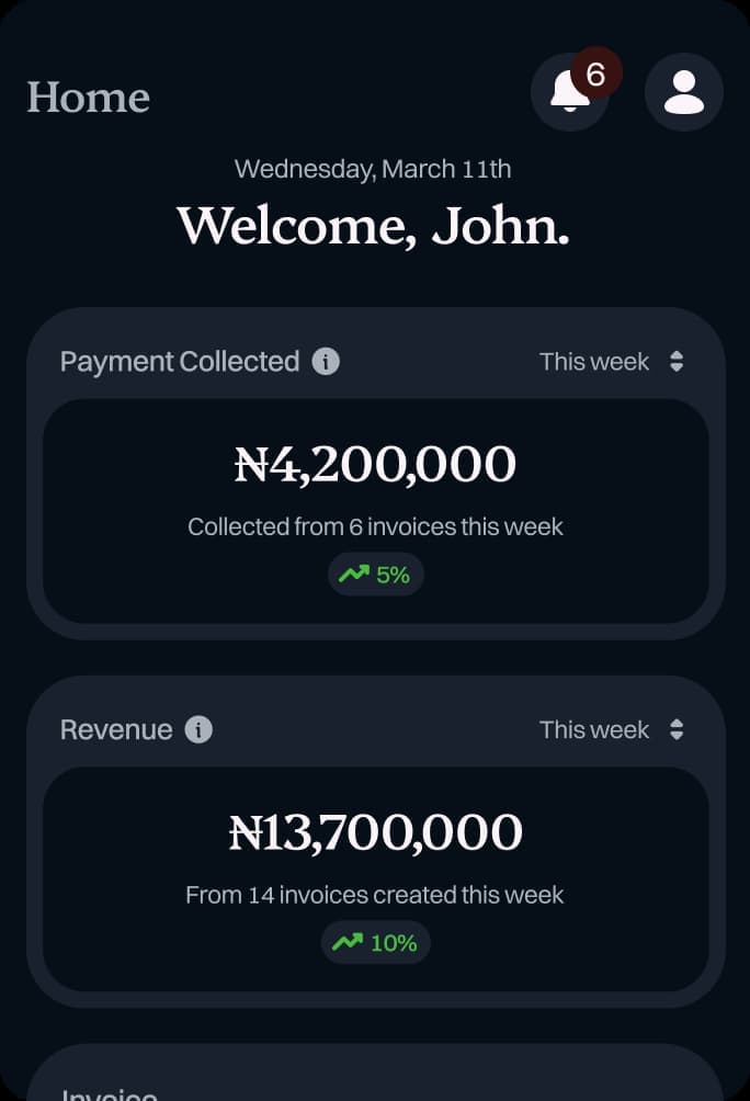 GigPadi mobile dashboard preview in dark mode